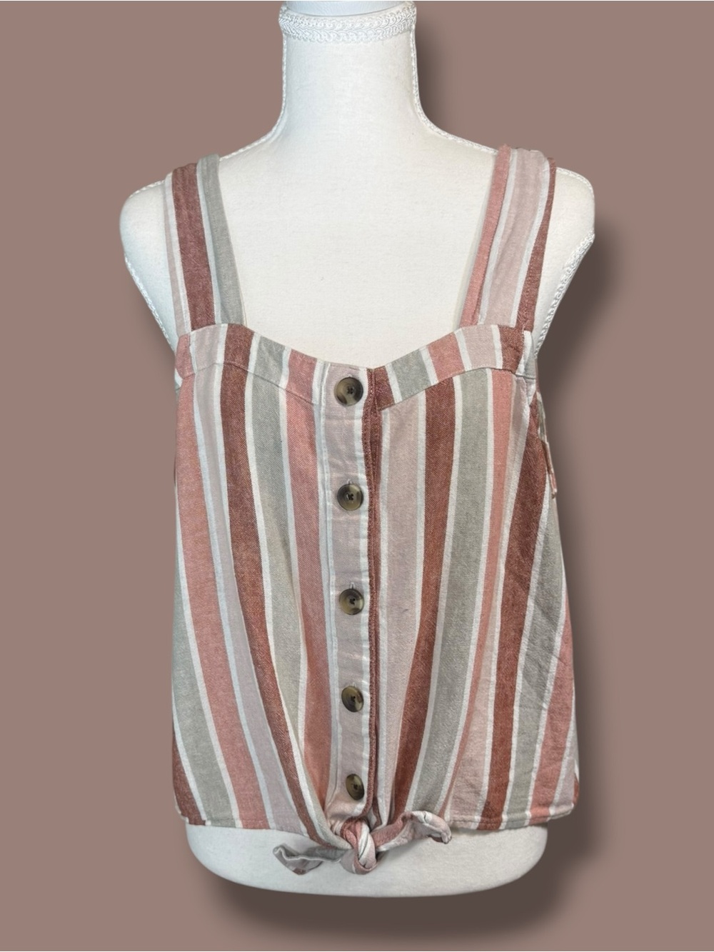 Sonoma Striped Button-Front Tank Top Linen Blend Tie-Front Hem